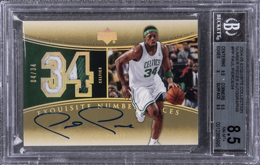 2004-05 UD "Exquisite Collection" Number Pieces Autographs #PP Paul Pierce Signed Game Used Patch Card (#04/34) – BGS NM-MT+ 8.5/BGS 9